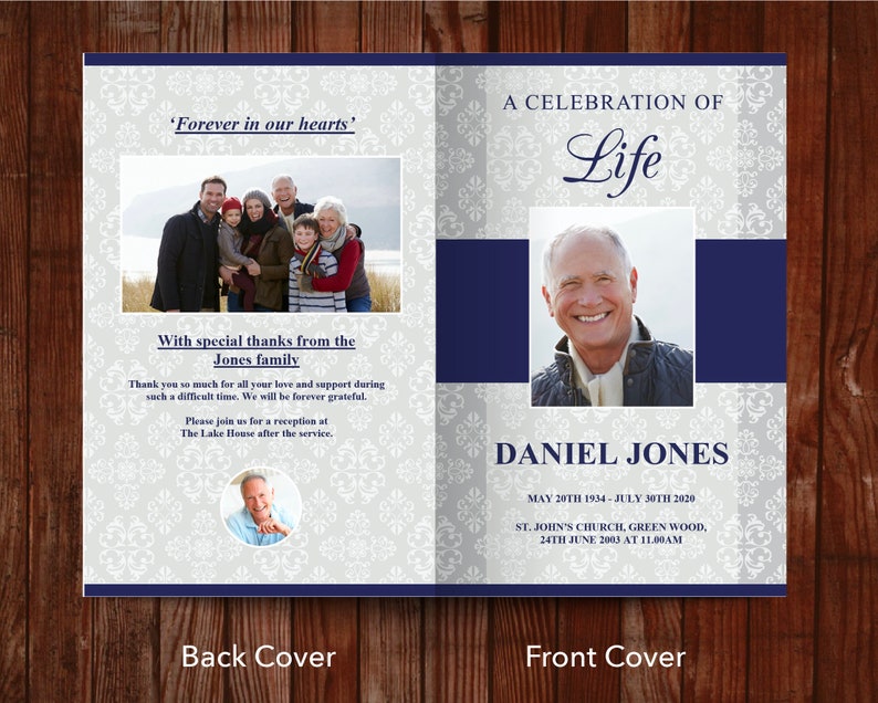 Back and front cover of 8 page funeral program with fold down the middle. Back cover has space for photos or acknowledgments plus other text for the celebration of life service. Front cover on right has a title, photo, name, and dates of loved one.