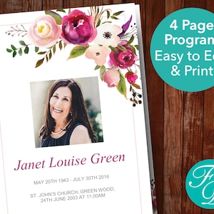 Funeral Program Template with Watercolor Flowers Celebration of Life Program Template Obituary Template Pink Memorial Program 0160 image 1