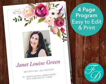 Funeral Program Template with Watercolor Flowers | Celebration of Life Program Template | Obituary Template | Pink Memorial Program | 0160
