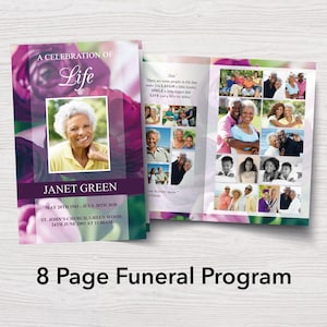 8 Page Purple Funeral Program Template, 8 Page Obituary Template, Celebration of Life Memorial Program,  Memorial Booklet for Woman | 0230
