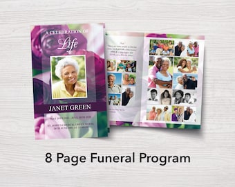 8 Page Purple Funeral Program Template, 8 Page Obituary Template, Celebration of Life Memorial Program,  Memorial Booklet for Woman | 0230