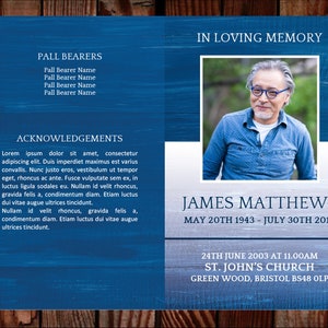 May include: A blue and white funeral announcement with a photo of a man in a blue shirt. The announcement includes the name James Matthews, the dates May 20th 1943 - July 30th 2016, and the details of the funeral service: 24th June 2003 at 11.00am, St. John's Church, Green Wood, Bristol BS48 OLP.