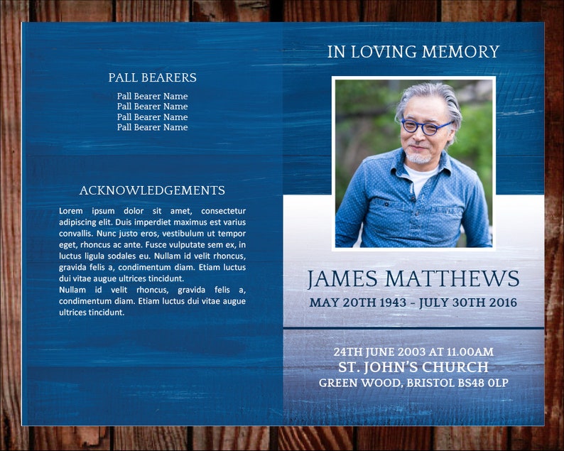 May include: A blue and white funeral announcement with a photo of a man in a blue shirt. The announcement includes the name James Matthews, the dates May 20th 1943 - July 30th 2016, and the details of the funeral service: 24th June 2003 at 11.00am, St. John's Church, Green Wood, Bristol BS48 OLP.