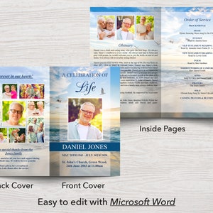 May include: A funeral program template with a blue and white color scheme. The front cover has a photo of a man with a blue sky and ocean background. The text on the front cover reads 'A Celebration of Life', 'Daniel Jones', 'May 20th 1943 - July 30th 2020', 'St. John's Church, Green Wood', and '24th June 2003 at 11.00am'. The back cover has a collage of photos of the deceased and their family. The text on the back cover reads 'Forever in our hearts', 'With special thanks from the Jones family', and 'Thank you so much for all your love and support during this difficult time. We will be forever grateful.'