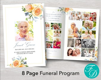 8 Page Yellow Rose Funeral Program Template - Celebration of Life Program | Watercolor Funeral Template | Obituary Program | 0168