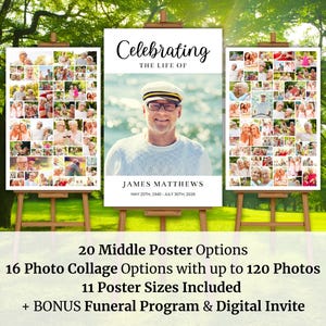 May include: Three white poster boards with black text and a photo collage. The middle poster board has the text "Celebrating the Life of James Matthews May 20th 1940 - July 30th 2026". The poster boards are on easels in front of a green grassy area with trees in the background.
