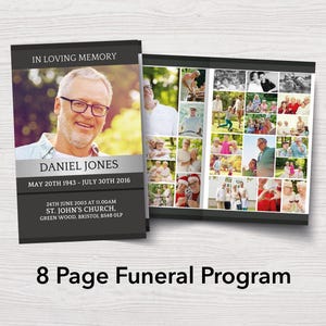 Könnte beinhalten: Ein 8-seitiges Trauerprogramm. Das Cover zeigt ein Foto eines Mannes mit Brille, mit dem Text "IN LOVING MEMORY" und seinem Namen, Geburts- und Sterbedaten. Das Programm enthält eine Collage von Fotos.