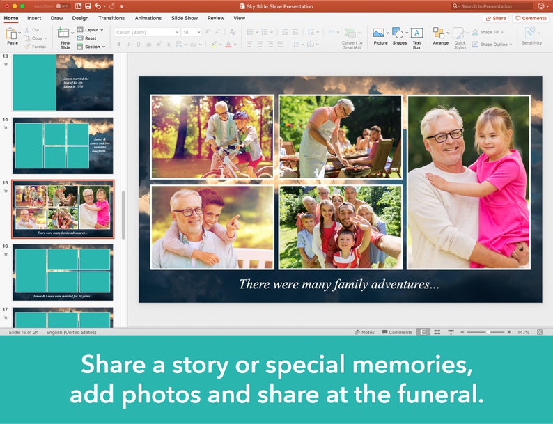 May include: A slideshow presentation with a collage of family photos. The photos show a family enjoying outdoor activities, such as biking, grilling, and taking selfies. The text "There were many family adventures..." is displayed below the photos. The caption at the bottom of the slide reads "Share a story or special memories, add photos and share at the funeral."