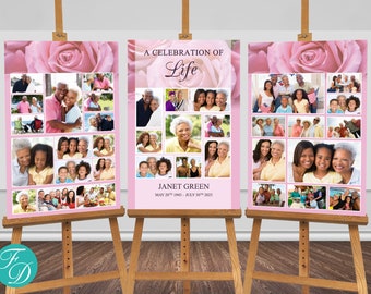Funeral Poster Template with Pink Roses | Celebration of Life Poster | Funeral Photo Collage Template for a Funeral Photo Display | 0199