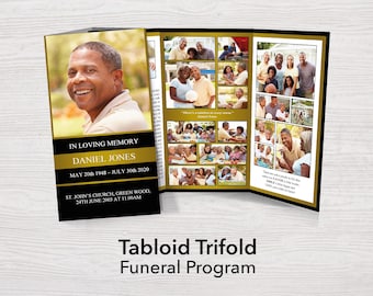 11x17 Trifold Funeral Program Template for Man | Tabloid Trifold Memorial Program | Gold Tri-fold Obituary Template | 11 x 17 Program | 0299