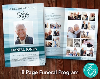 8 Page Funeral Program Template for Men | Ocean Obituary Template | Ocean Memorial Program | Blue Celebration of Life | 0025