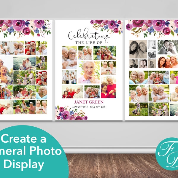 Funeral Poster with Purple Flowers | Funeral Memory Board | Celebration of Life Poster | Funeral Photo Display | Memorial Poster | 0136
