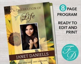 Sunflower Funeral Program Template | 8 Page Order of Service | 8 Page Sunflower Memorial Program | Memorial Service | Celebration of Life