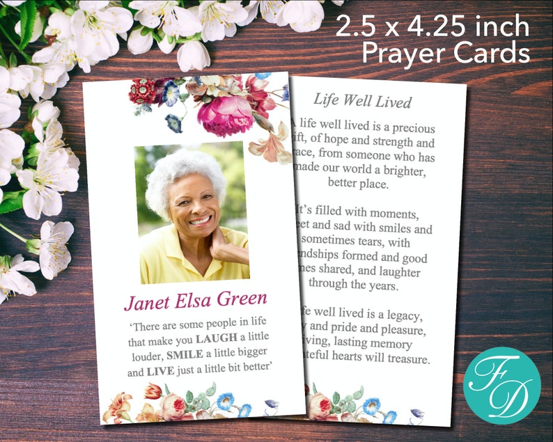 Funeral Prayer Cards with Pink Flowers Funeral Favor Funeral Templates Celebration of Life Funeral Cards 0203 image 1