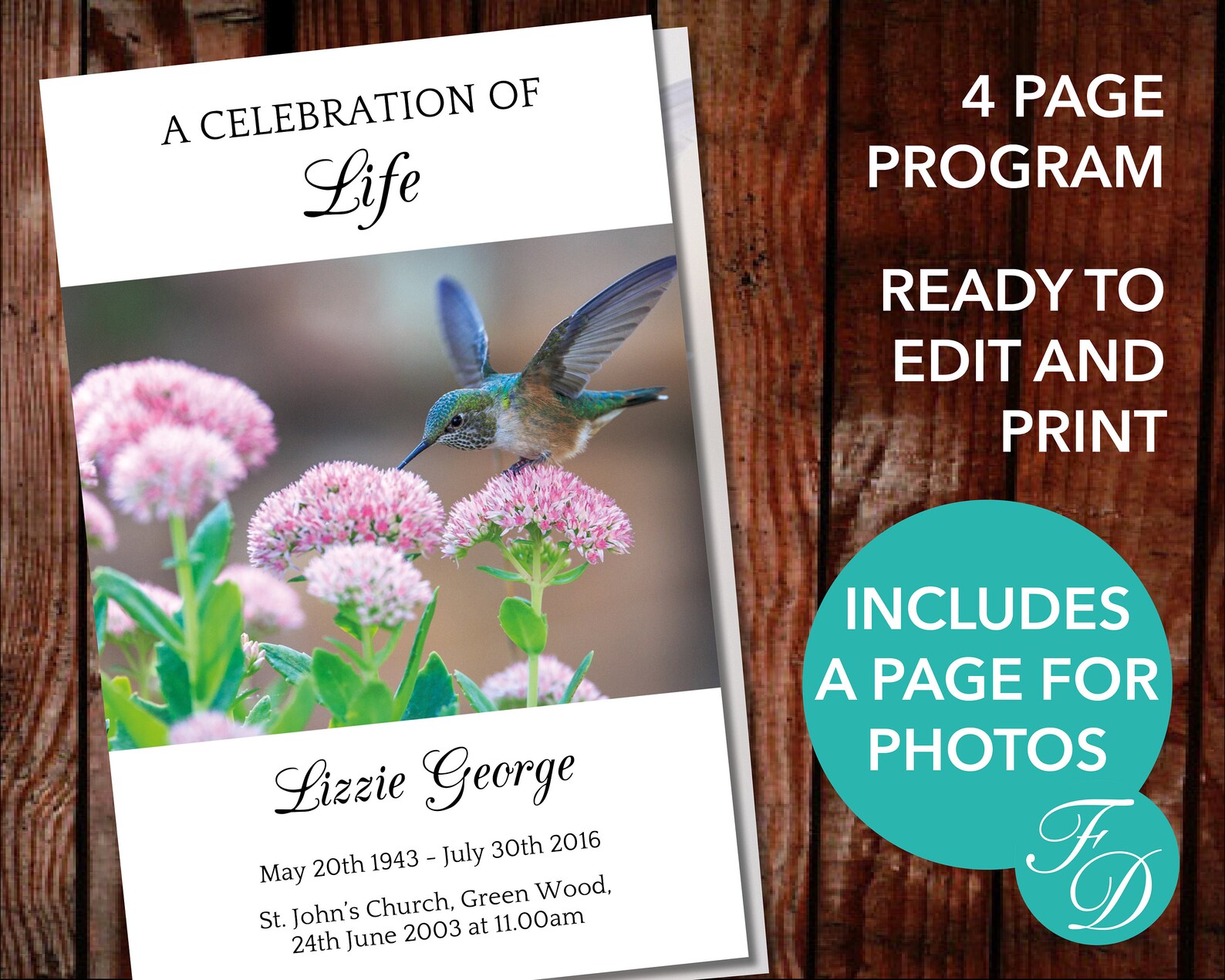 Humming Bird Funeral Program Template Celebration of Life - Etsy
