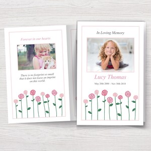 Puede incluir: Una tarjeta de memoria blanca con rosas rosadas en la parte inferior. La tarjeta tiene dos fotos de una niña, una con un gato. El texto dice "Forever in our hearts" y "In Loving Memory". La tarjeta también incluye el nombre "Lucy Thomas" y las fechas "May 20th 2000 - Nov 30th 2018".
