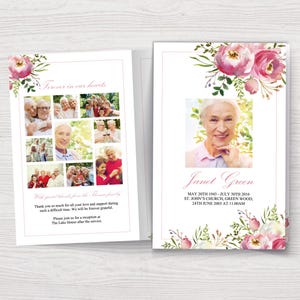 Puede incluir: Una tarjeta de anuncio de funeral con un collage de fotos del fallecido y un diseño floral con flores rosas. El texto dice "Forever in our hearts" e incluye el nombre Janet Green, las fechas de nacimiento y muerte, y los detalles del funeral.
