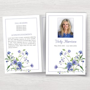 Blue Funeral Program Template with Wild Flowers | Bifold Funeral Booklet | Elegant Obituary Booklet | Blue Funeral Flyer | Memorial Booklet