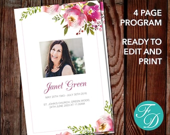 Watercolor Funeral Program Template | Watercolor Memorial Program | Watercolor Obituary Template | Floral Watercolor Funeral Program | 0131