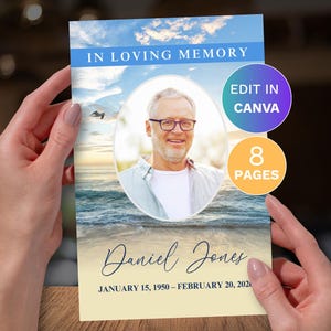 May include: A funeral program template featuring a beach sunset background with a central oval photo of a man wearing glasses. The text reads IN LOVING MEMORY, Daniel Jones, and JANUARY 15, 1950 – FEBRUARY 20, 2020. Includes circular badges stating EDIT IN CANVA and 8 PAGES.