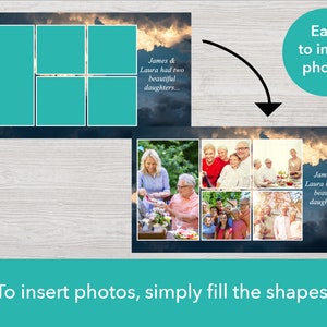 May include: A collage template with six photo placeholders. The template features a blue sky with white clouds and the text "James & Laura had two beautiful daughters..." repeated twice.