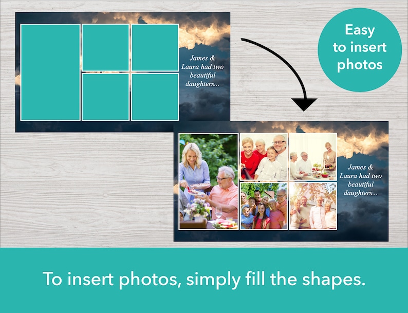 May include: A collage template with six photo placeholders. The template features a blue sky with white clouds and the text "James & Laura had two beautiful daughters..." repeated twice.