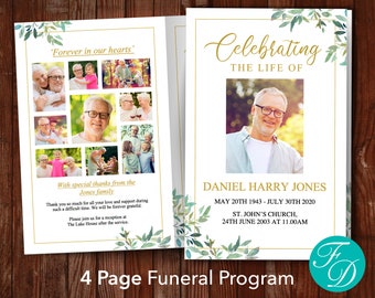 Green Leaf Funeral Program Template for Men | Celebration of Life for Men | Funeral Program for Men | Obituary Program for Men | 0300