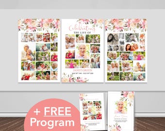 Pink Funeral Photo Display + FREE Funeral Program Template | Pink Funeral Welcome Sign | Celebration of Life Poster | Memorial Poster | 0101
