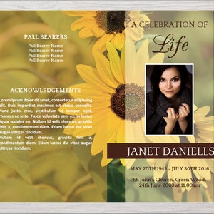 Back and front cover of 8 page funeral program with fold down the middle. Back cover has space for photos or acknowledgments plus other text for the celebration of life service. Front cover on right has a title, photo, name, and dates of loved one.