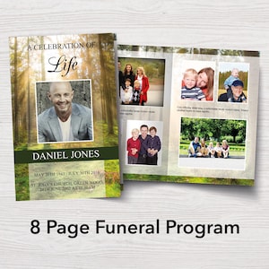 May include: An 8-page funeral program with a green and brown forest background. The front cover features a photo of a man and the text "A Celebration of Life" and "Daniel Jones". The program includes the dates "May 20th 1943 - July 30th 2016" and "24th June 2000 at 11:00 AM".