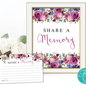 Share a Memory Cards & Sign | Purple Floral Funeral Sign | Purple Memorial Sign | Funeral Memory Card | Printable Share a Memory Card | 0136