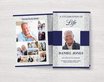 Funeral Program Template for Man | Blue Funeral Program | Obituary Template for Men | Celebration of Life Program Template | 0067