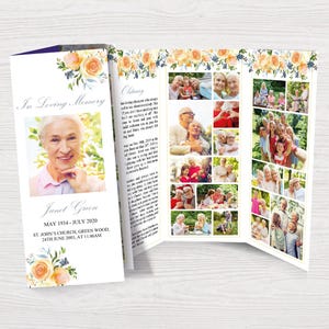 May include: A white funeral program with a floral design and a photo of a woman. The program includes the text "In Loving Memory", "Janet Guen", "May 1934 - July 2020", "St John's Church Green Wood", and "24th June 2003, at 11:00 AM".