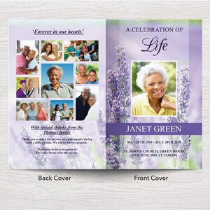 May include: A purple and white funeral program with a photo of a woman on the front cover. The front cover also includes the text "A Celebration of Life" and the woman's name, "Janet Green". The back cover features a collage of photos of the woman with her family and the text "Forever in our hearts".