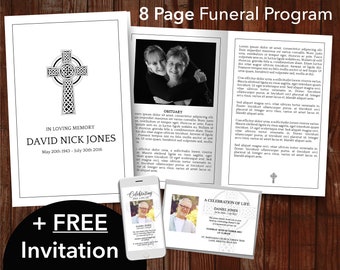 Catholic Funeral Program Template + FREE Memorial Evite | Funeral Bundle | Catholic Funeral Announcement and Cross Memorial Program | 0251