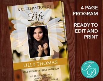 Daisy Funeral Program Template | Celebration of Life Program | Yellow Funeral Program | Obituary Template | Memorial Program |