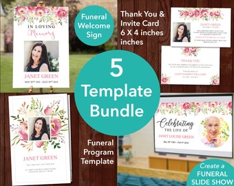 Funeral Template Bundle - Funeral Program Template, Funeral Welcome Sign, Funeral Thank You & Invite, Funeral Slideshow included | 0131