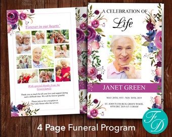 Rose Funeral Program Template | Celebration of Life | Obituary Template | Memorial Program | Funeral Order of Service | Purple Rose Program