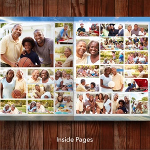 Inside pages of 11 by 17-inch 8 page funeral program template with photo collages, quotes and fold down the middle. Left page has circle photo, quotes and photo collage with space for 9 photos. Right page has photo collage with space for 12 photos.
