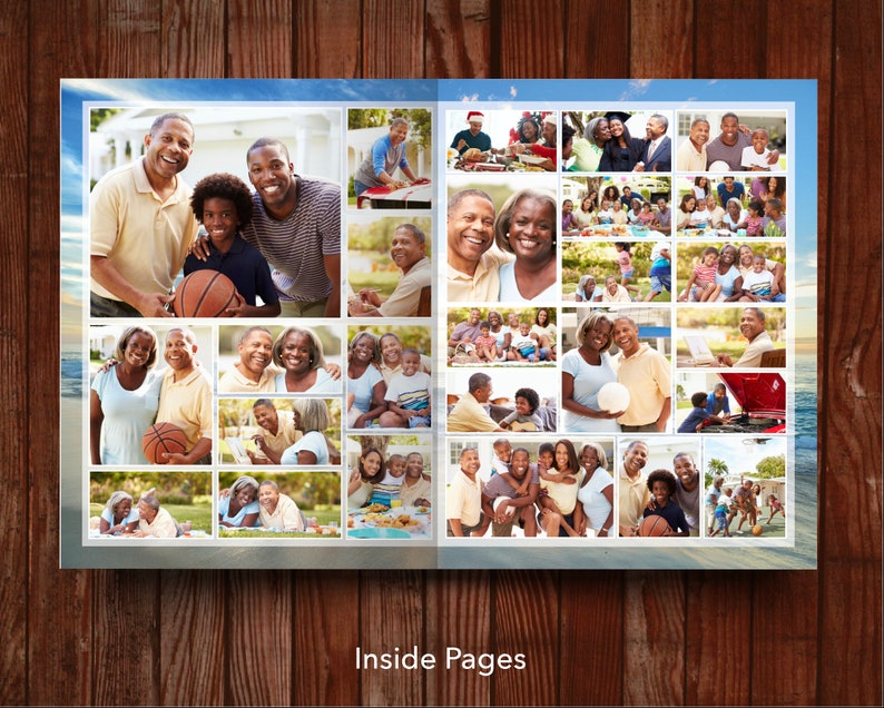 Inside pages of 11 by 17-inch 8 page funeral program template with photo collages, quotes and fold down the middle. Left page has circle photo, quotes and photo collage with space for 9 photos. Right page has photo collage with space for 12 photos.