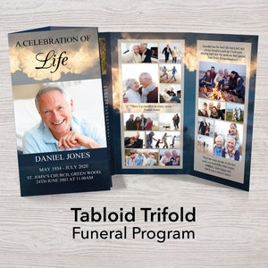 May include: A blue and white trifold funeral program with a photo of a man and the text "A Celebration of Life" and "Daniel Jones". The program includes a collage of photos and a quote about life.