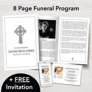 Catholic Funeral Program Template + FREE Memorial Evite | Funeral Bundle | Catholic Funeral Announcement and Cross Memorial Program | 0251