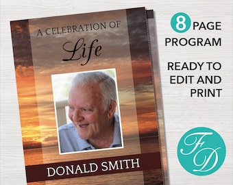 8 page Funeral Program Template | Sunset Memorial Program | Funeral Program for Man | 8 Page Obituary Template | Celebration of Life | 0060