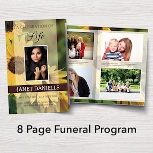 Sunflower Funeral Program Template | 8 Page Order of Service | 8 Page Sunflower Memorial Program | Memorial Service | Celebration of Life