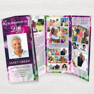Trifold Funeral Program Template for Women with Purple Flowers | Obituary Template Trifold for Women | Celebration of Life Program | 0230