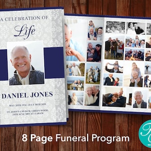 Funeral program template with 8 pages for adding more photos and text for the funeral service. Printed on two sheets of 8.5 x 11-inch paper and folded in half. Front page has a large photo plus the name, and date of the deceased.