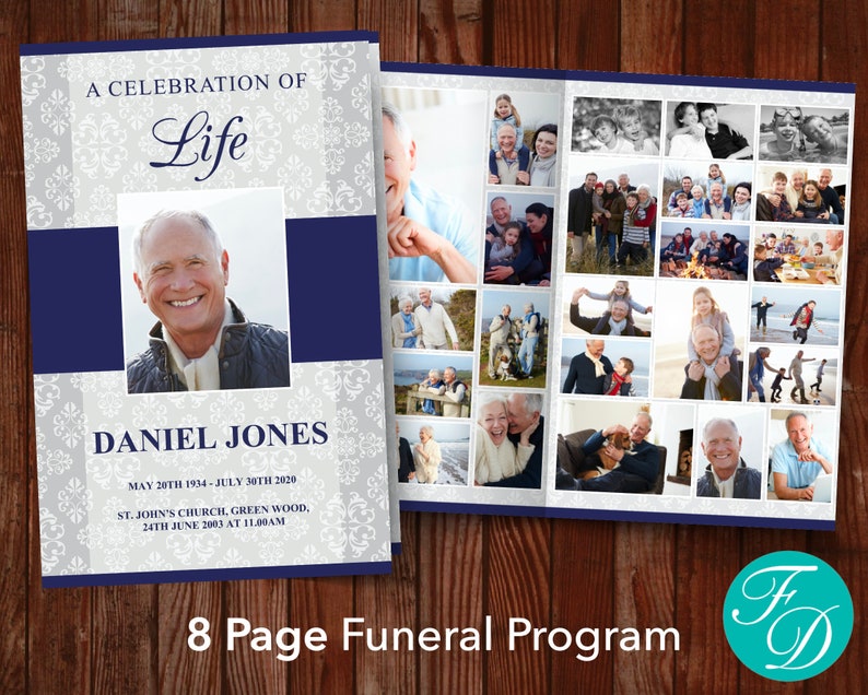 Funeral program template with 8 pages for adding more photos and text for the funeral service. Printed on two sheets of 8.5 x 11-inch paper and folded in half. Front page has a large photo plus the name, and date of the deceased.