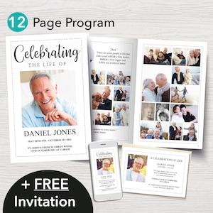 Funeral Bundle with Funeral Program Template For Man plus Free Funeral Evite and Invitation Card | 12 Page Obituary Template for Men | 0239