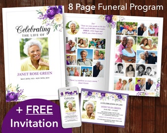 8 Page Purple Funeral Program Template + FREE Memorial Evite | 8 Page Obituary Template for Women with Funeral Announcement Card | 0298