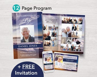 Funeral Bundle | Funeral Program Template For Man + FREE Memorial Evite | 12 Page Obituary Template for Men + Funeral Invitation | 0005